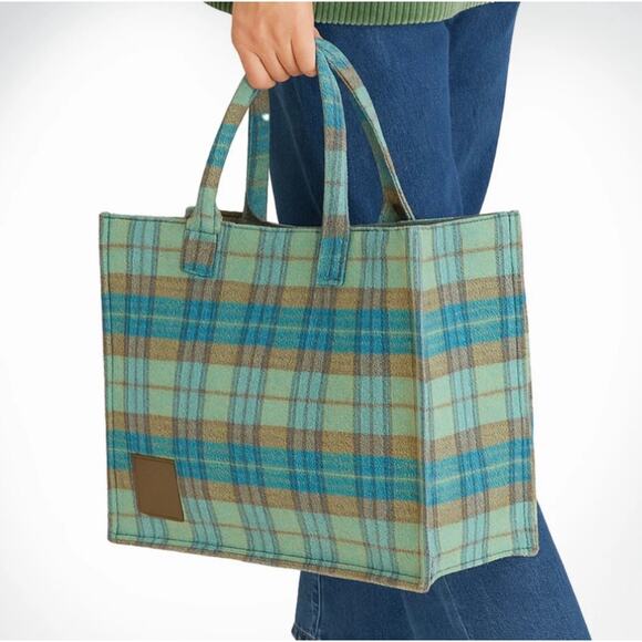 NEW Sandro Kasbah Checked Brushed Felt Tote Blue Green Yellow - Picture 1 of 10